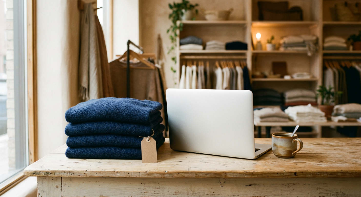 Comptoir d’une boutique de vêtements avec une pile de chandails marine et un ordinateur